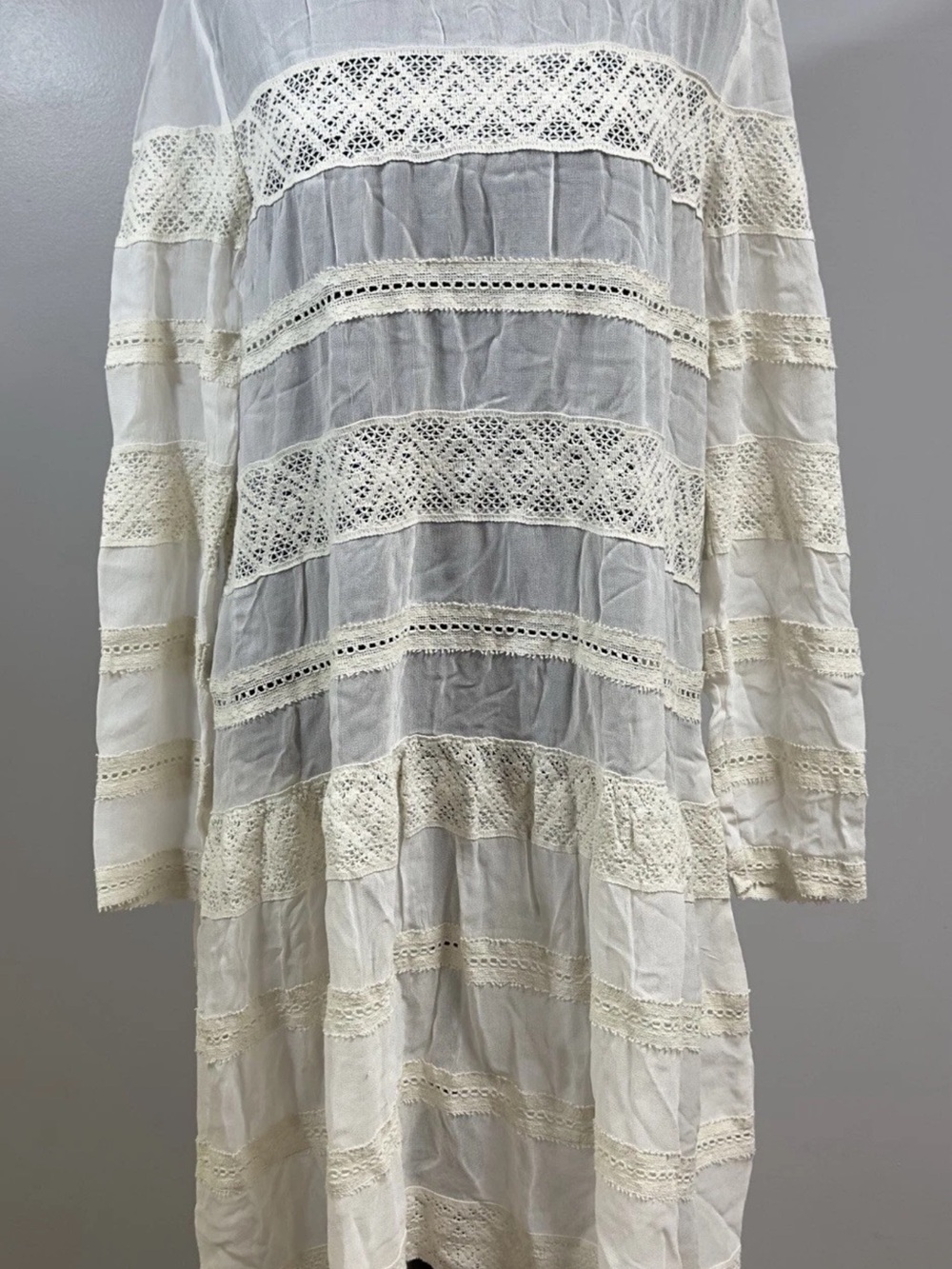 ByTimo Womens Bohemian Vtg White Lace Tiered Long Sleeve Dress Size L